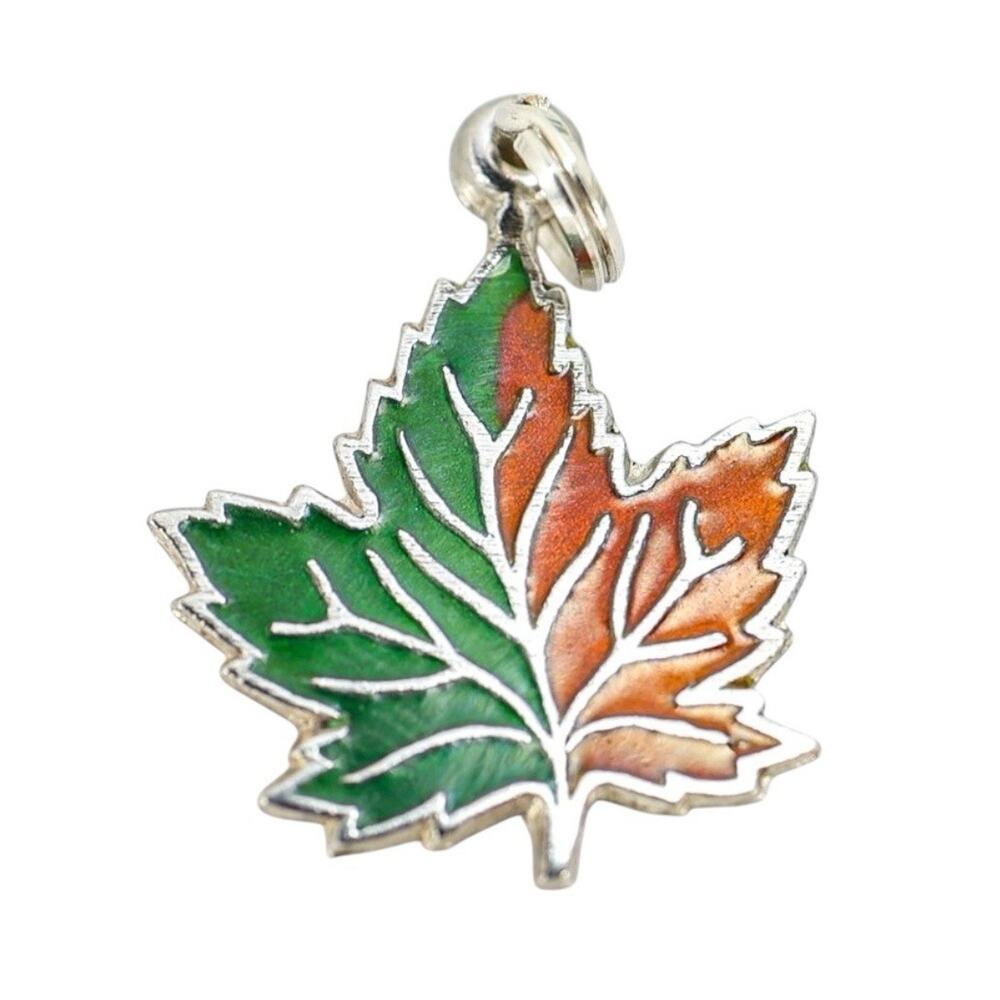 Wells Sterling Silver & Enamel Maple Leaf Charm Split Ring Bail Canada Vintage
